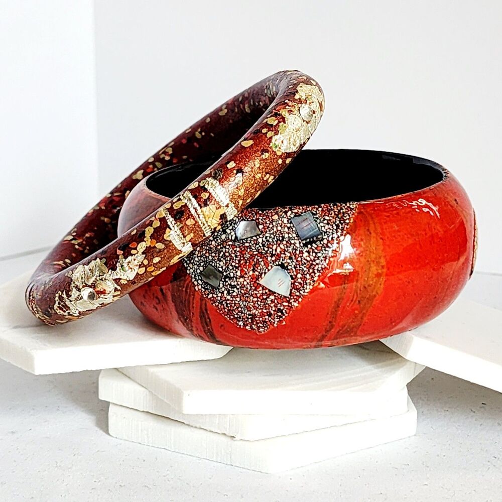 Red Lacquer & Gold Confetti Bangle Bracelet Set of 2 Boho Maximalist